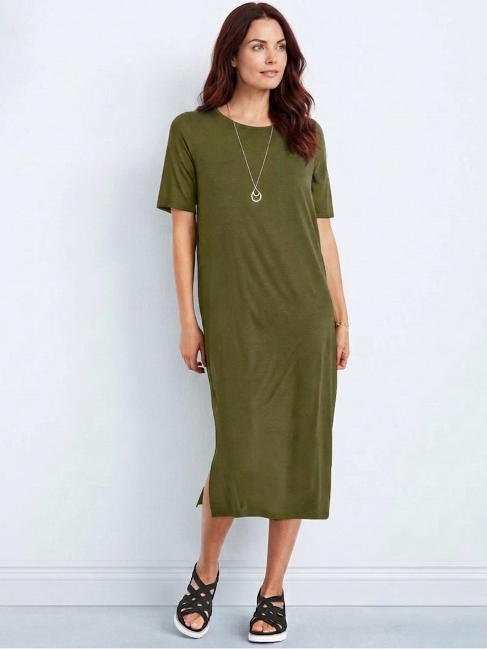 Eileen Fisher Fine Tencel Jersey Round Neck Short Sleeve Midi Dress Sz Small NWT
